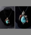 041 - SOLD - Antique Tibetan Silver Pendant-Necklace with MOTHER-GODDESS, turquoise and coralls