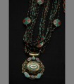 1070 - Antica collana tibetana, giada, turchese, corallo, bronzo, 19th secolo, Tibet